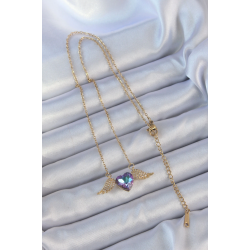 Mey İthalat® 316L Çelik Zincir Altın Renk Mavi Mor Zirkon Taşlı Kanatlı Kalp Kolye