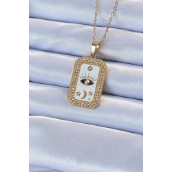 Mey İthalat® 316L Çelik Zincir Altın Renk Mineli Zirkon Taşlı Göz Figür Tarot Kolye