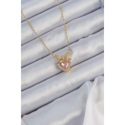 Mey İthalat® 316L Çelik Zincir Altın Renk Pembe Zirkon Taşlı Fiyonklu Kalp Kolye
