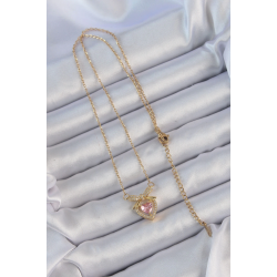 Mey İthalat® 316L Çelik Zincir Altın Renk Pembe Zirkon Taşlı Fiyonklu Kalp Kolye