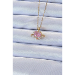 Mey İthalat® 316L Çelik Zincir Altın Renk Pembe Zirkon Taşlı Satürn Görünümlü Kalp Kolye