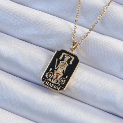 Mey İthalat® 316L Çelik Zincir Altın Renk Siyah Mineli Tarot Kolye