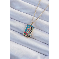 Mey İthalat® 316L Çelik Zincir Altın Renk Taç ve Kız Figürlü Renkli Mineli Tarot Kolye