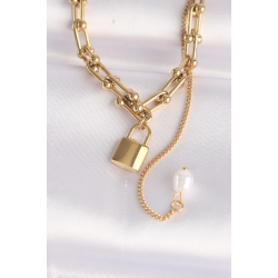 Mey İthalat® 316L Çelik Zincir Altın Renk Zincirli Love Yazılı Kilit Kolye