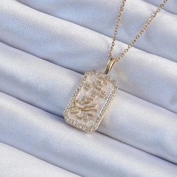 Mey İthalat® 316L Çelik Zincir Altın Renk Zirkon Taşlı Çerçeveli Tarot Kolye