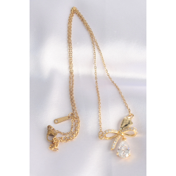 Mey İthalat® 316L Çelik Zincir Altın Renk Zirkon Taşlı Damla Detay Fiyonk Kolye