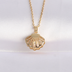 Mey İthalat® 316L Çelik Zincir Altın Renk Zirkon Taşlı İnci Detay İstiridye Kolye