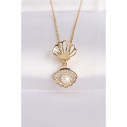 Mey İthalat® 316L Çelik Zincir Altın Renk Zirkon Taşlı İnci Detay İstiridye Kolye