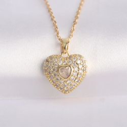 Mey İthalat® 316L Çelik Zincir Altın Renk Zirkon Taşlı Kalp Kolye