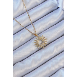 Mey İthalat® 316L Çelik Zincir Altın Renk Zirkon Taşlı Parlayan Güneş Kolye