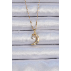 Mey İthalat® 316L Çelik Zincir Altın Renk Zirkon Taşlı Sallantılı Ay Yıldız Kolye