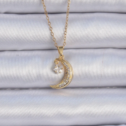 Mey İthalat® 316L Çelik Zincir Altın Renk Zirkon Taşlı Sallantılı Ay Yıldız Kolye