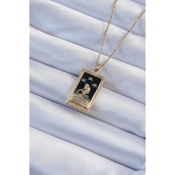 Mey İthalat® 316L Çelik Zincir Altın Renk Zirkon Taşlı Siyah Mineli Kız Figürlü Tarot Kolye