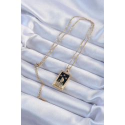 Mey İthalat® 316L Çelik Zincir Altın Renk Zirkon Taşlı Siyah Mineli Kız Figürlü Tarot Kolye