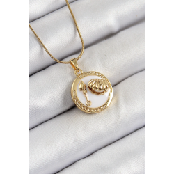 Mey İthalat® 316L Çelik Zincir Beyaz Mineli Sanatsal Portre İstiridye Model Gold Renk Kadın Kolye