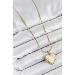 Mey İthalat® 316L Çelik Zincir Beyaz Sanatsal Portre İnci Detaylı Papatya Figürlü Kalp Model Gold Renk Kadın Kolye