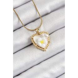 Mey İthalat® 316L Çelik Zincir Beyaz Sanatsal Portre İnci Detaylı Papatya Figürlü Kalp Model Gold Renk Kadın Kolye