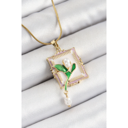 Mey İthalat® 316L Çelik Zincir Beyaz Sanatsal Portre Sallantılı İnci Detaylı Lale Model Gold Renk Kadın Kolye