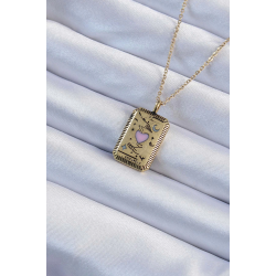 Mey İthalat® 316L Çelik Zincir Eskitme Altın Renk Pembe Mineli Kalp Figürlü Tarot Kolye