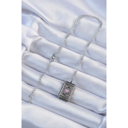 Mey İthalat® 316L Çelik Zincir Eskitme Gümüş Renk Pembe Mineli Kalp Figürlü Tarot Kolye