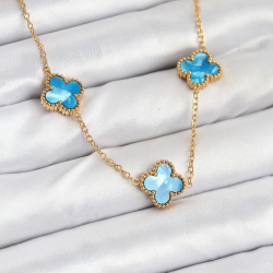 Mey İthalat® 316L Çelik Zincir Gold Buz Mavisi Renk Yonca Kolye