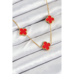 Mey İthalat® 316L Çelik Zincir Gold Kırmızı Renk Yonca Kadın Kolye