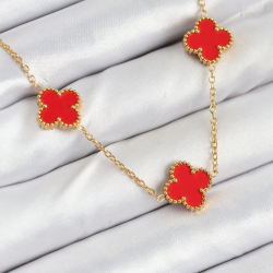 Mey İthalat® 316L Çelik Zincir Gold Kırmızı Renk Yonca Kadın Kolye
