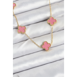 Mey İthalat® 316L Çelik Zincir Gold Pembe Renk Yonca Kadın Kolye