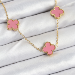 Mey İthalat® 316L Çelik Zincir Gold Pembe Renk Yonca Kadın Kolye