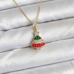 Mey İthalat® 316L Çelik Zincir Gold Ren Çam Ağacı Model Zirkon Taşlı Yılbaşı Temalı Kadın Kolye