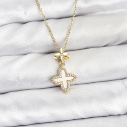 Mey İthalat® 316L Çelik Zincir Gold Renk 4 Yapraklı Yonca Model Zirkon Taşlı Kadın Kolye