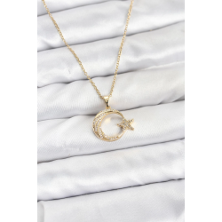 Mey İthalat® 316L Çelik Zincir Gold Renk Ay Yıldız Model Zirkon Taşlı Kadın Kolye