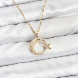 Mey İthalat® 316L Çelik Zincir Gold Renk Ay Yıldız Model Zirkon Taşlı Kadın Kolye