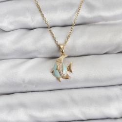 Mey İthalat® 316L Çelik Zincir Gold Renk Balık Model Zirkon Taşlı Kadın Kolye