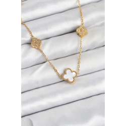 Mey İthalat® 316L Çelik Zincir Gold Renk Beyaz ve Zirkon Taşlı Yonca Kadın Kolye