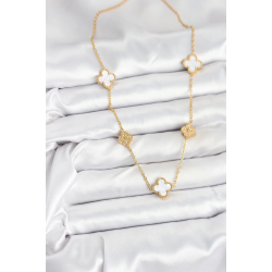 Mey İthalat® 316L Çelik Zincir Gold Renk Beyaz ve Zirkon Taşlı Yonca Kadın Kolye