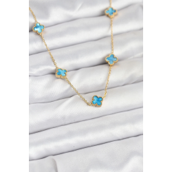 Mey İthalat® 316L Çelik Zincir Gold Renk Buz Mavisi Baby Boy Yonca Kadın Kolye
