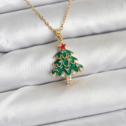 Mey İthalat® 316L Çelik Zincir Gold Renk Çam Ağacı Model Yılbaşı Temalı Kadın Kolye
