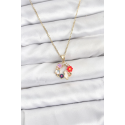 Mey İthalat® 316L Çelik Zincir Gold Renk Çiçekli Kedili Model Kadın Kolye