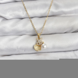 Mey İthalat® 316L Çelik Zincir Gold Renk Deniz Kabuğu ve Deniz Yıldızı Model Zirkon Taşlı Kadın Kolye