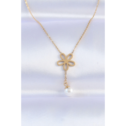 Mey İthalat® 316L Çelik Zincir Gold Renk İnci Detay Çiçek Kolye