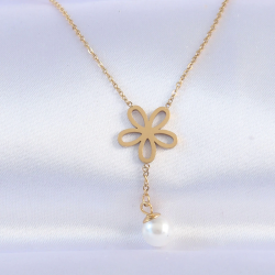 Mey İthalat® 316L Çelik Zincir Gold Renk İnci Detay Çiçek Kolye