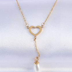 Mey İthalat® 316L Çelik Zincir Gold Renk İnci Taş Detay Kalp Kolye