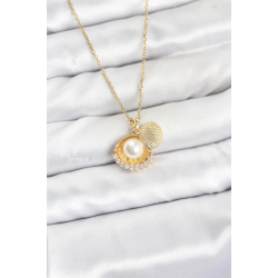 Mey İthalat® 316L Çelik Zincir Gold Renk İncili Deniz Kabuğu Model Zirkon Taşlı Kadın Kolye