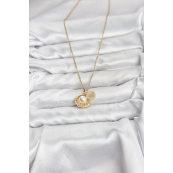 Mey İthalat® 316L Çelik Zincir Gold Renk İncili Deniz Kabuğu Model Zirkon Taşlı Kadın Kolye