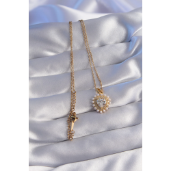 Mey İthalat® 316L Çelik Zincir Gold Renk İncili Zirkon Taşlı Kalp Tasarımlı Kolye