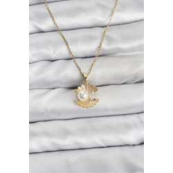 Mey İthalat® 316L Çelik Zincir Gold Renk İstiridye İnci Model Zirkon Taşlı Kadın Kolye