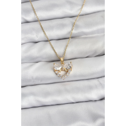 Mey İthalat® 316L Çelik Zincir Gold Renk Kalp ve Fiyonk Model Zirkon Taşlı Kadın Kolye