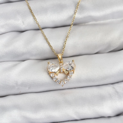 Mey İthalat® 316L Çelik Zincir Gold Renk Kalp ve Fiyonk Model Zirkon Taşlı Kadın Kolye