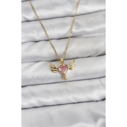 Mey İthalat® 316L Çelik Zincir Gold Renk Kanatlı Kalp Model Zirkon Taşlı Kadın Kolye